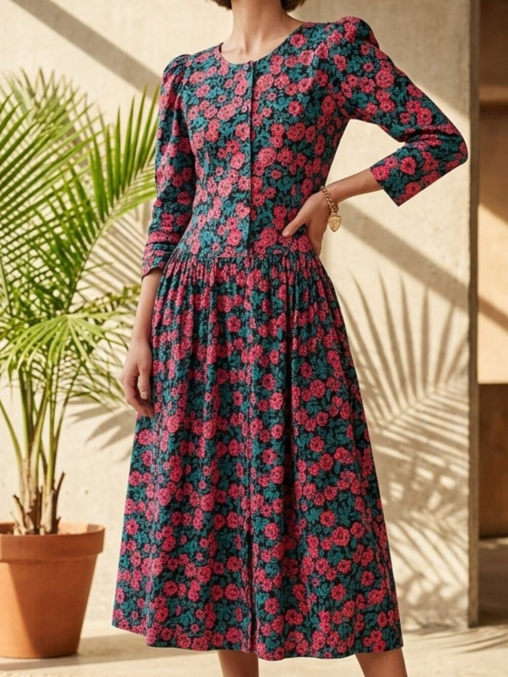 Komil Honolulu Vintage Cottagcore Floral Drop Waist Midi Dress Button Front Sm - Picture 10 of 10